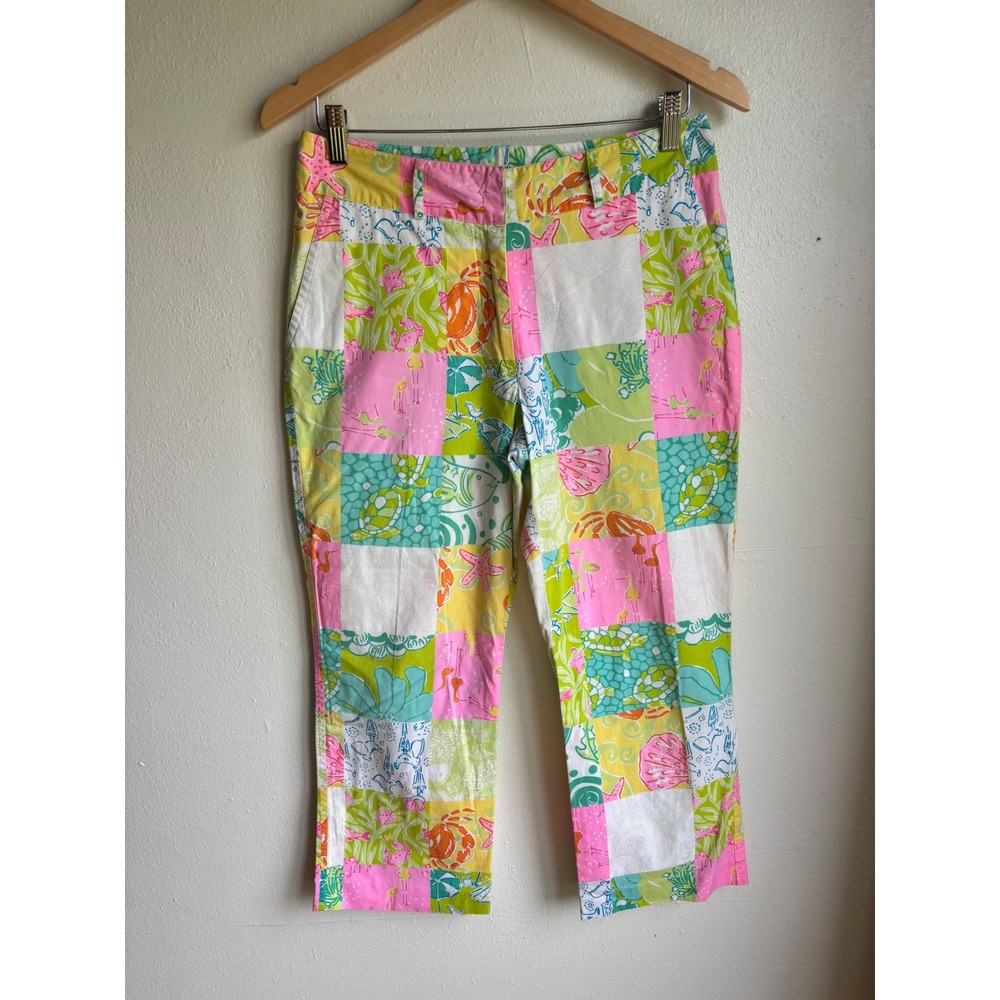 Lilly Pulitzer Womens Patchwork Coastal Crop Pants Pink Green Sea Life Size 6